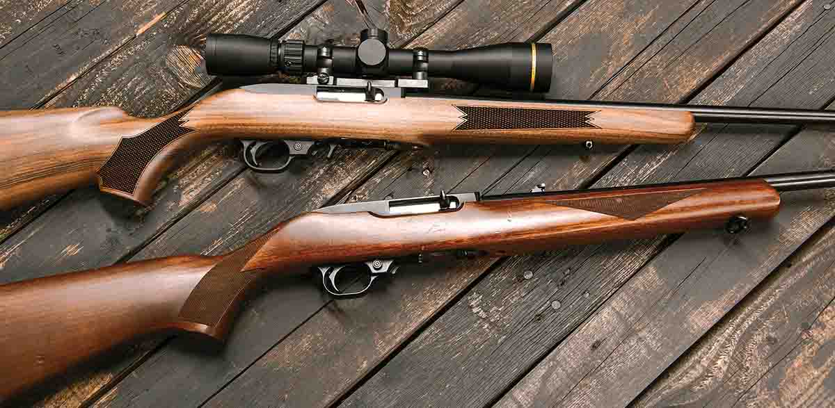 The Lipsey’s exclusive 10/22 Sporter model is stocked with a fine piece of French walnut. Below it is Lee’s father’s rifle.